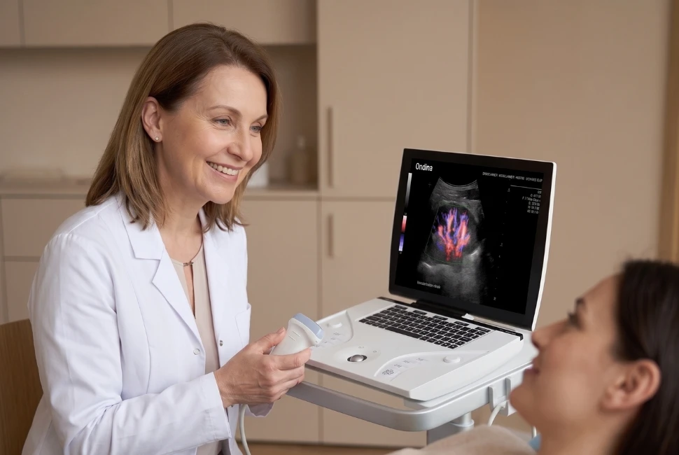 Un plan rapproché, montrant l'interaction entre la professionnelle de santé et une patiente pendant l'examen avec un échographe portable..